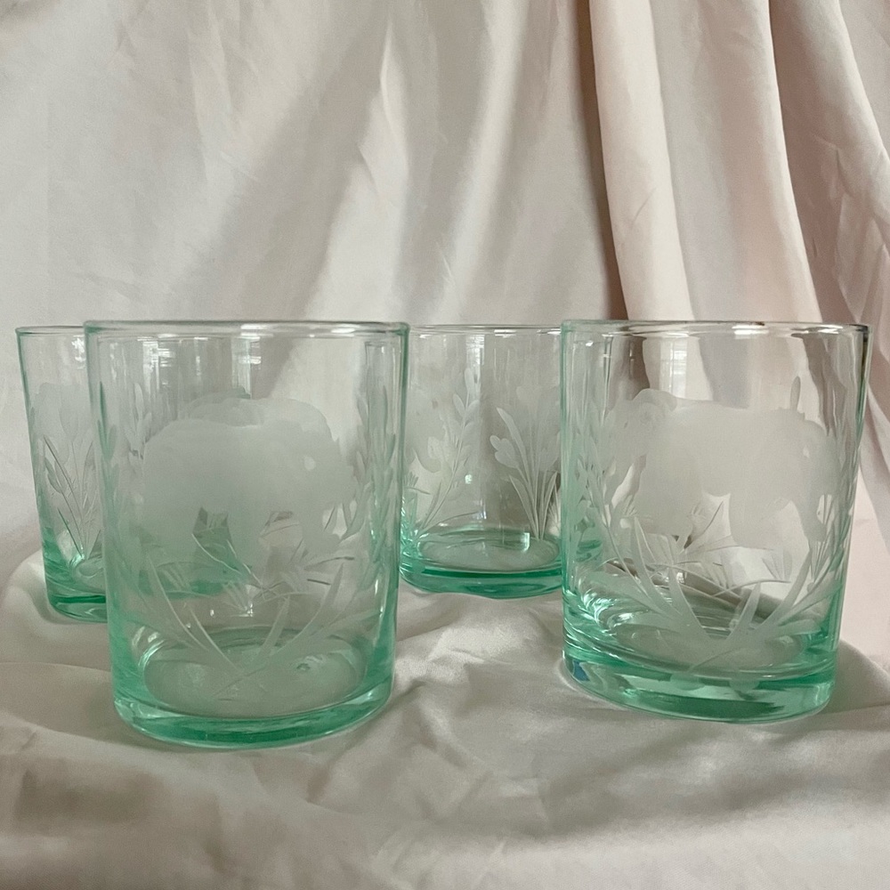 SOLD Set of 4 Light Green Blown Lowball Rocks Whiskey Glasses with Bear Etching